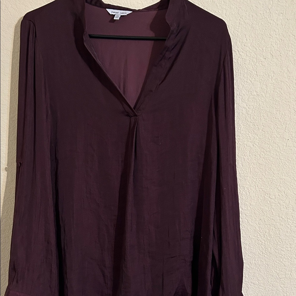 Naked Zebra V-Neck Long Sleeve Tunic in Deep Plum Office Career